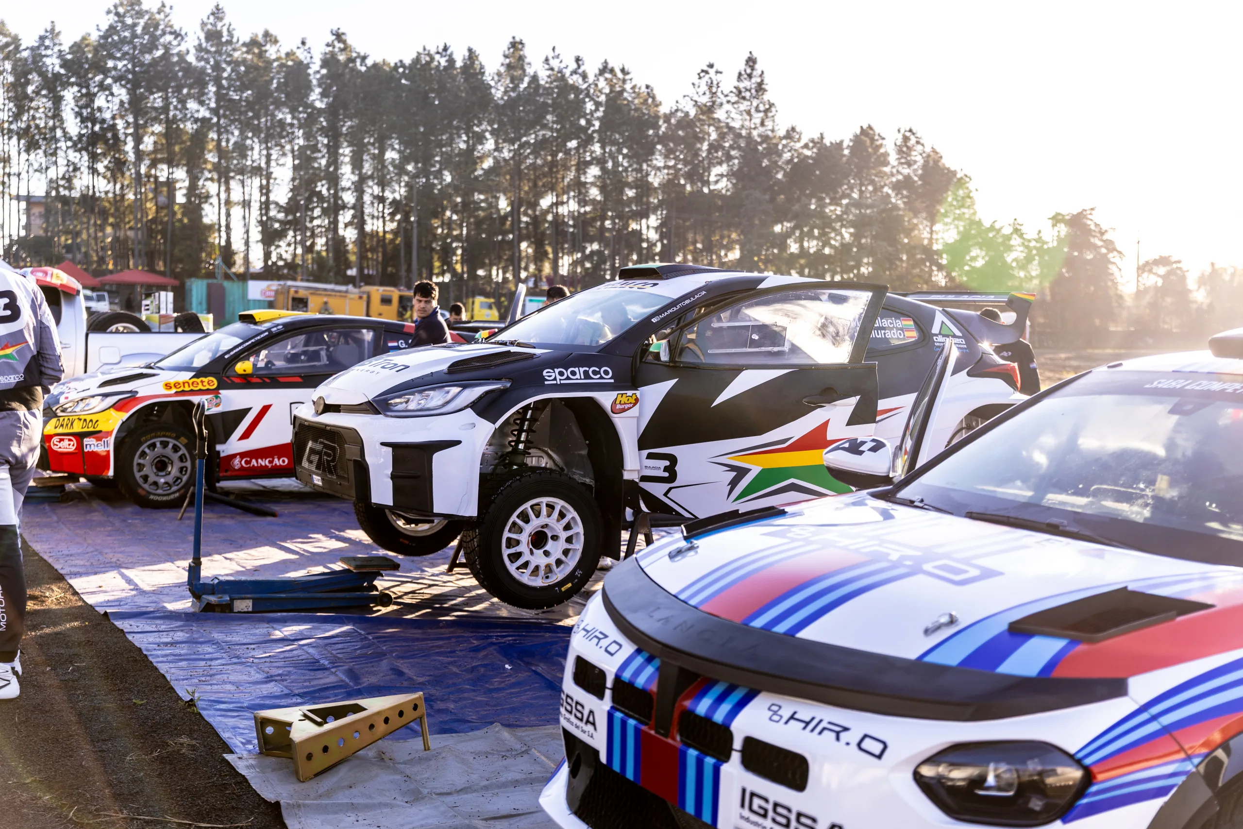 Autos de rally en el Parque de Servicio durante la edición 2025